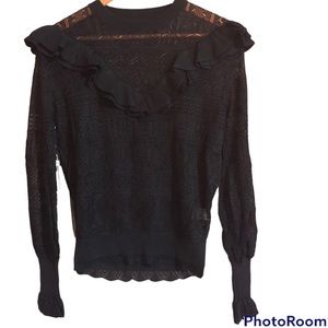 Ronny Kobo Terese Knit Sheer Ruffled Sweater in Black